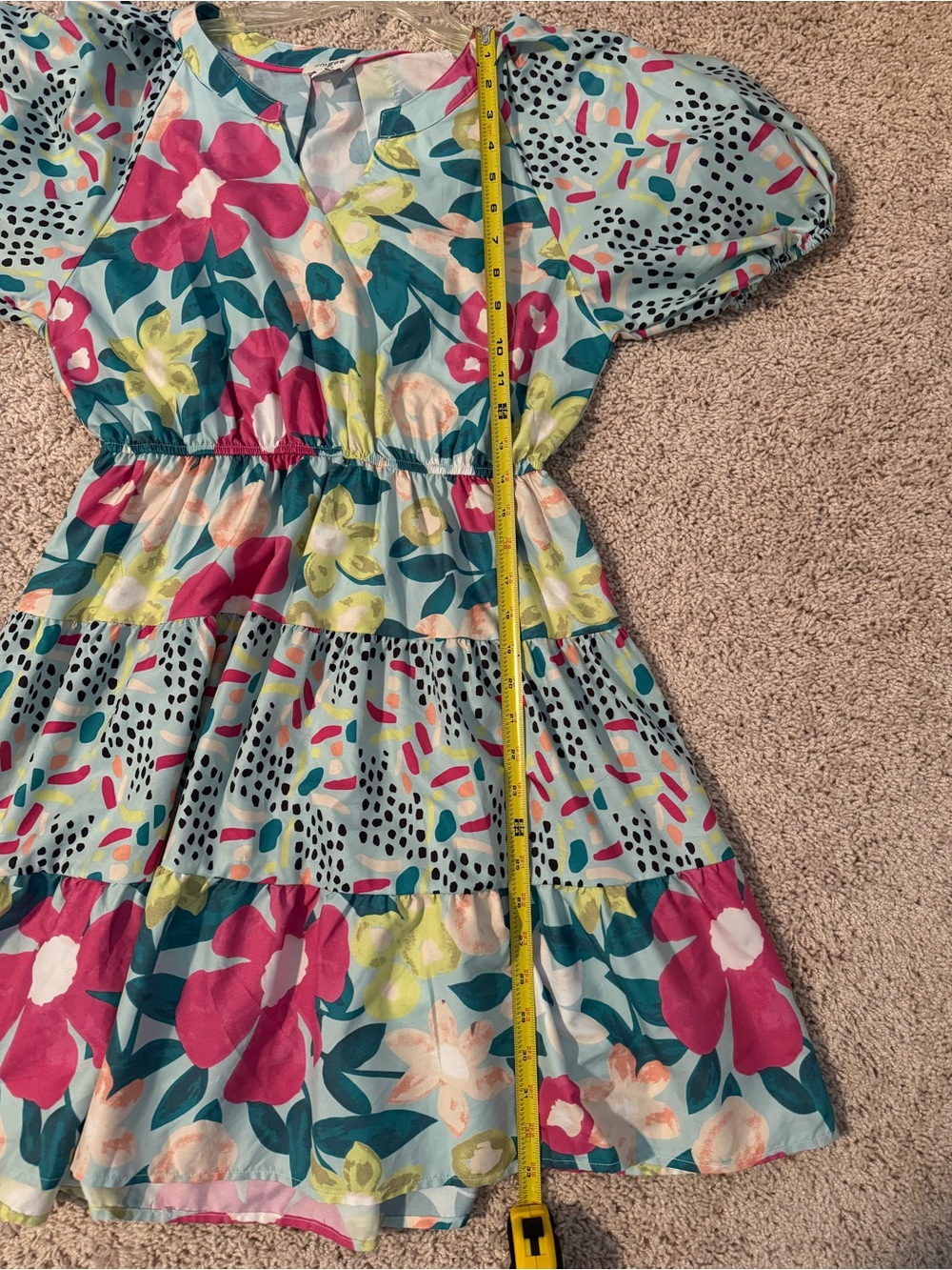 Umgee Multicolor Floral Print Tiered Puff Sleeve Dress - Size M - Picture 9 of 10
